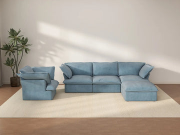 Deluxe Cloud Light Blue 4-Seater Sofa with Storage | 5-Piece (includes 1 ottoman), Velvet Fabric, Washable Covers