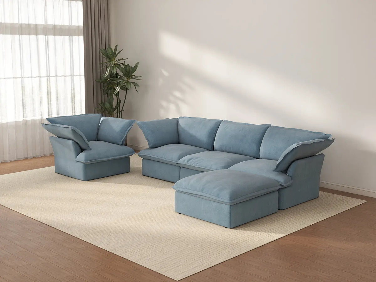 Deluxe Cloud Light Blue 4-Seater Sofa with Storage | 5-Piece (includes 1 ottoman), Velvet Fabric, Washable Covers