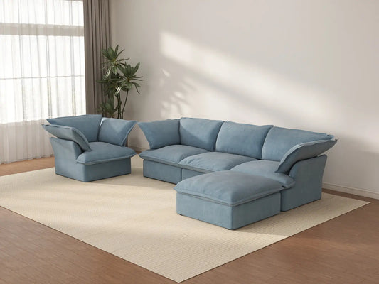 Sofá de 4 plazas Deluxe Nube Azul Claro con Almacenamiento | 5 Piezas (incluye 1 otomana), Tela de Terciopelo, Fundas Lavables