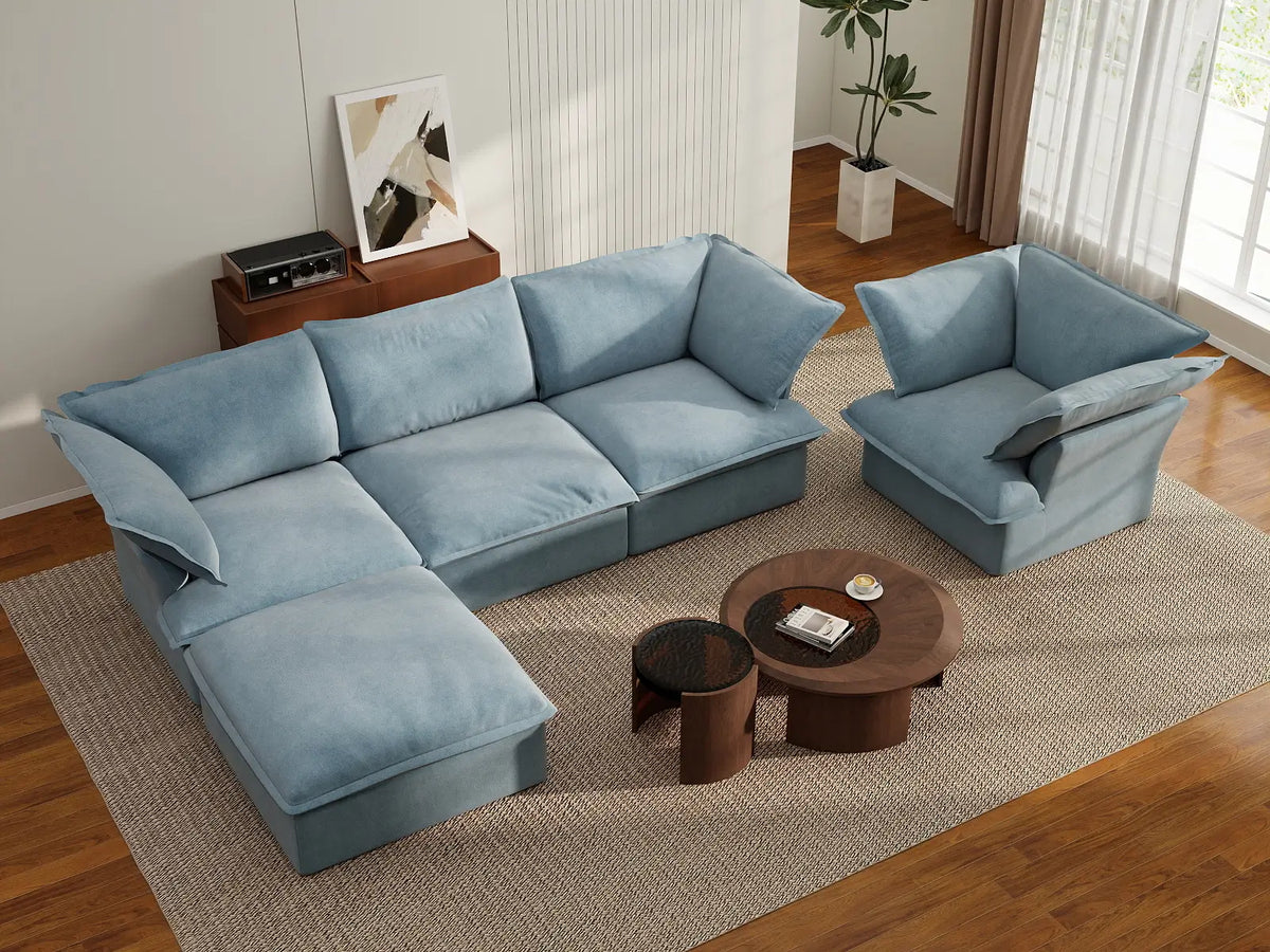 Deluxe Cloud Light Blue 4-Seater Sofa with Storage | 5-Piece (includes 1 ottoman), Velvet Fabric, Washable Covers