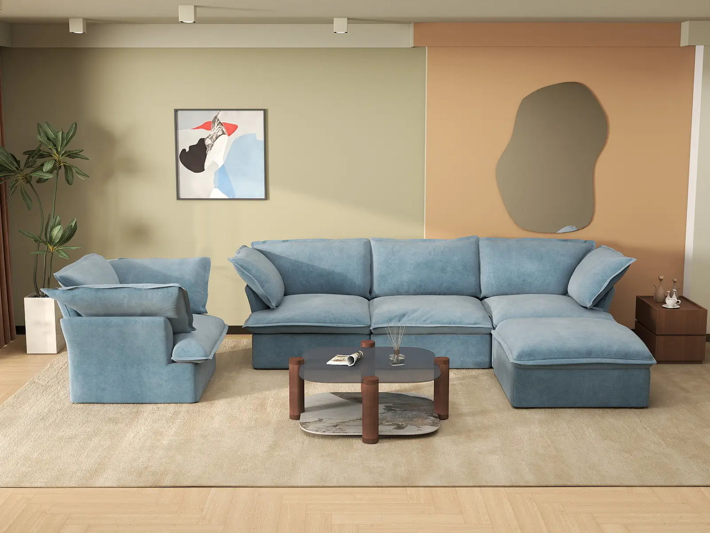 Deluxe Cloud Light Blue 4-Seater Sofa with Storage | 5-Piece (includes 1 ottoman), Velvet Fabric, Washable Covers