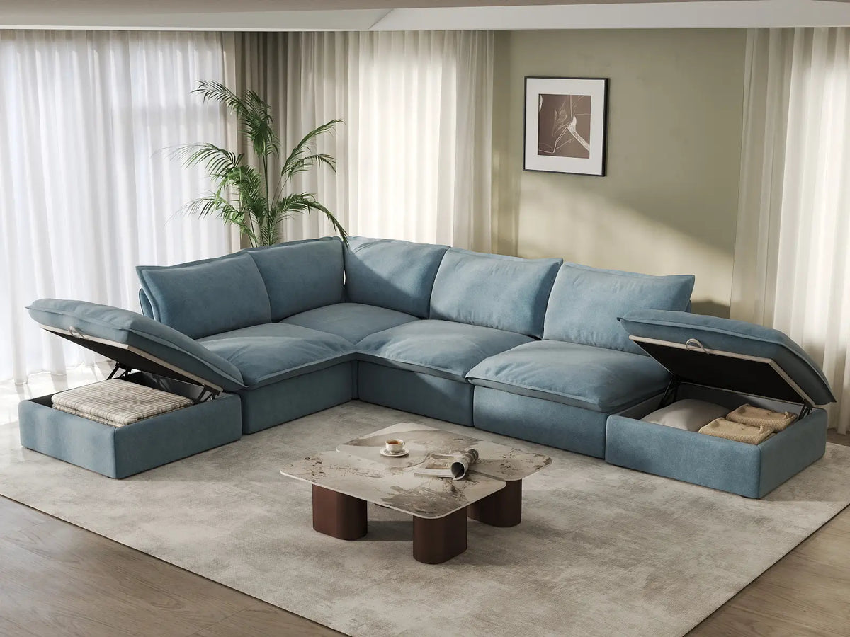 Deluxe Cloud Light Blue 4-Seater Sofa with Storage | 6-Piece (includes 2 ottomans), Velvet Fabric, Washable Covers