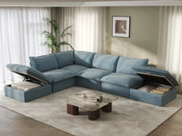 Deluxe Cloud Light Blue 4-Seater Sofa with Storage | 6-Piece (includes 2 ottomans), Velvet Fabric, Washable Covers