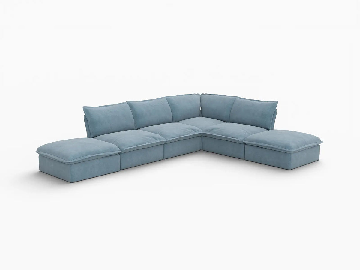Deluxe Cloud Light Blue 4-Seater Sofa with Storage | 6-Piece (includes 2 ottomans), Velvet Fabric, Washable Covers