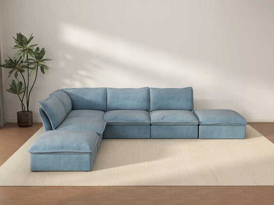 Sofá de 4 plazas Deluxe Cloud azul claro con almacenaje | 6 piezas (incluye 2 otomanas), tela de terciopelo, fundas lavables