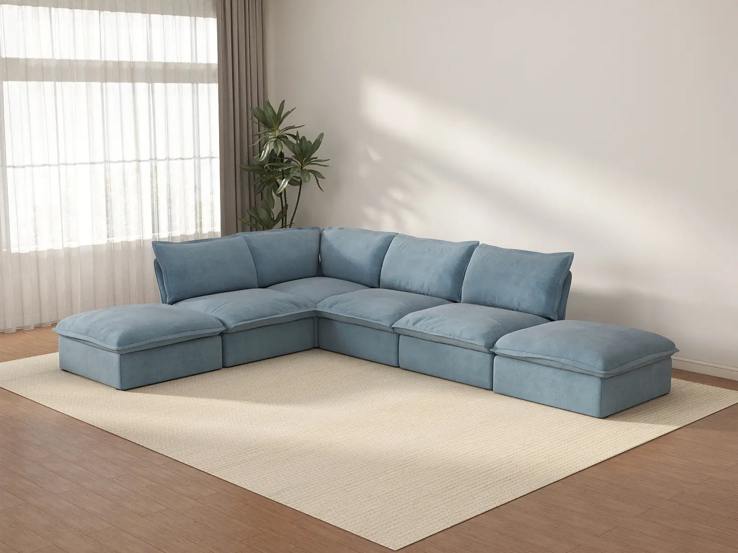 Deluxe Cloud Light Blue 4-Seater Sofa with Storage | 6-Piece (includes 2 ottomans), Velvet Fabric, Washable Covers