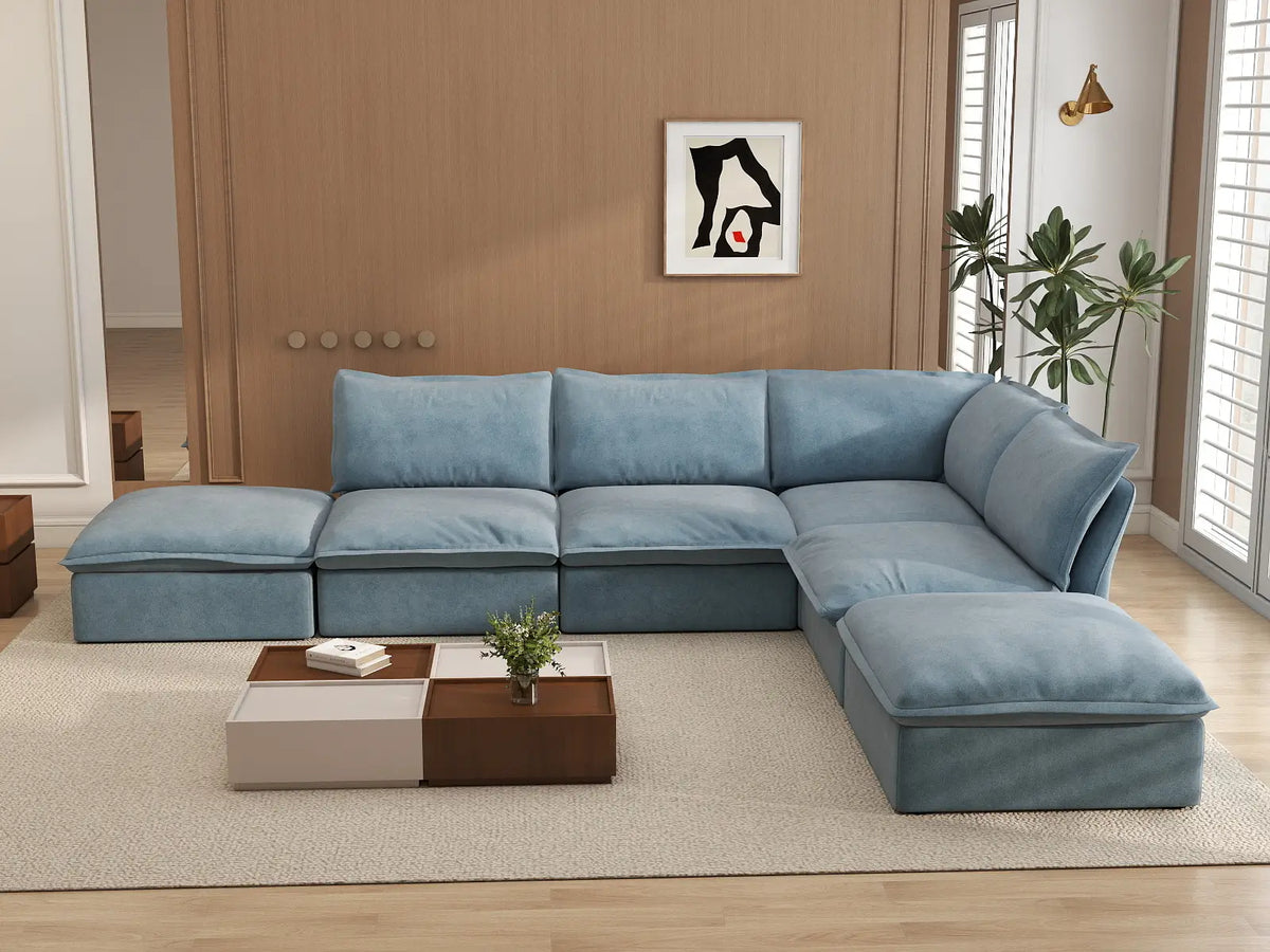 Deluxe Cloud Light Blue 4-Seater Sofa with Storage | 6-Piece (includes 2 ottomans), Velvet Fabric, Washable Covers