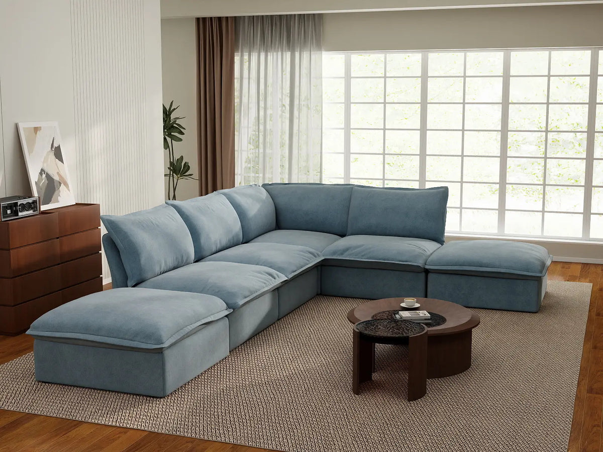 Deluxe Cloud Light Blue 4-Seater Sofa with Storage | 6-Piece (includes 2 ottomans), Velvet Fabric, Washable Covers