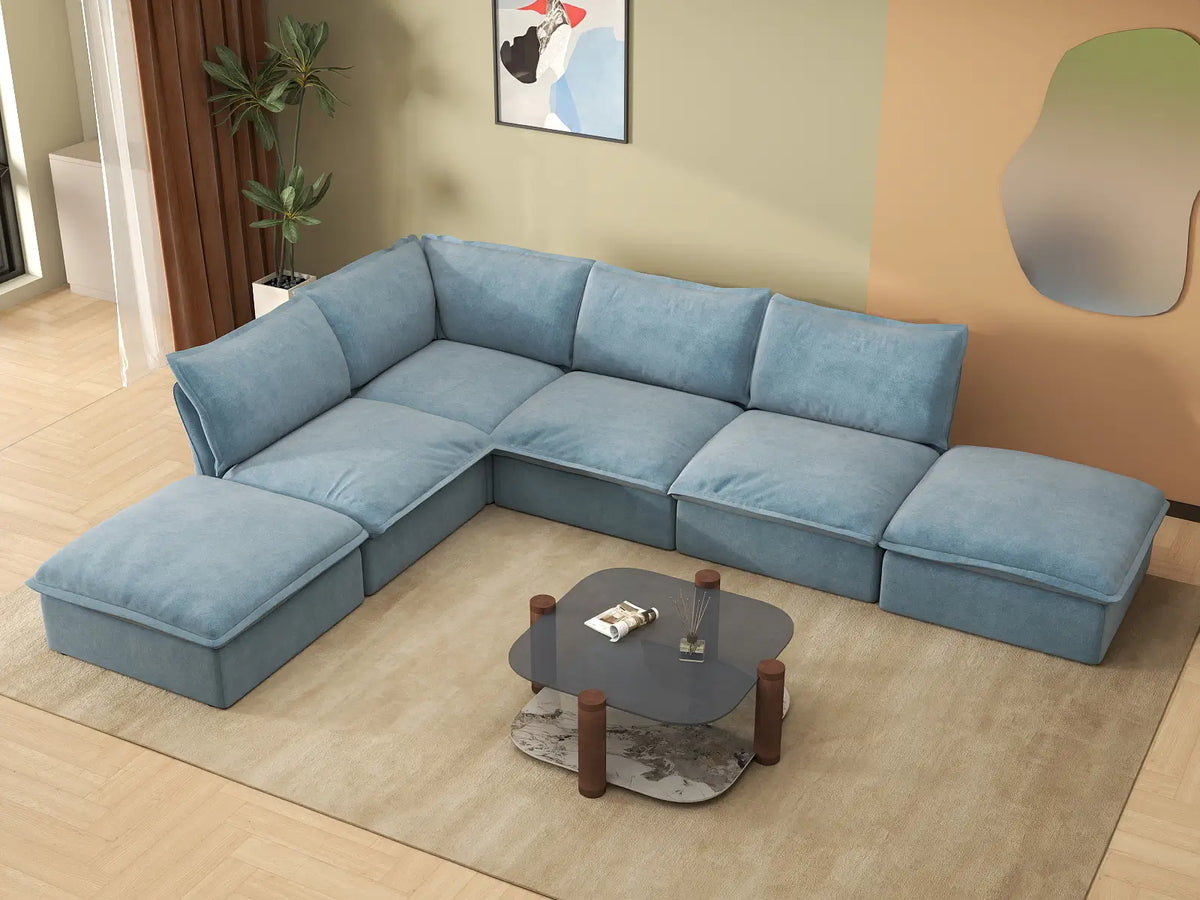 Deluxe Cloud Light Blue 4-Seater Sofa with Storage | 6-Piece (includes 2 ottomans), Velvet Fabric, Washable Covers