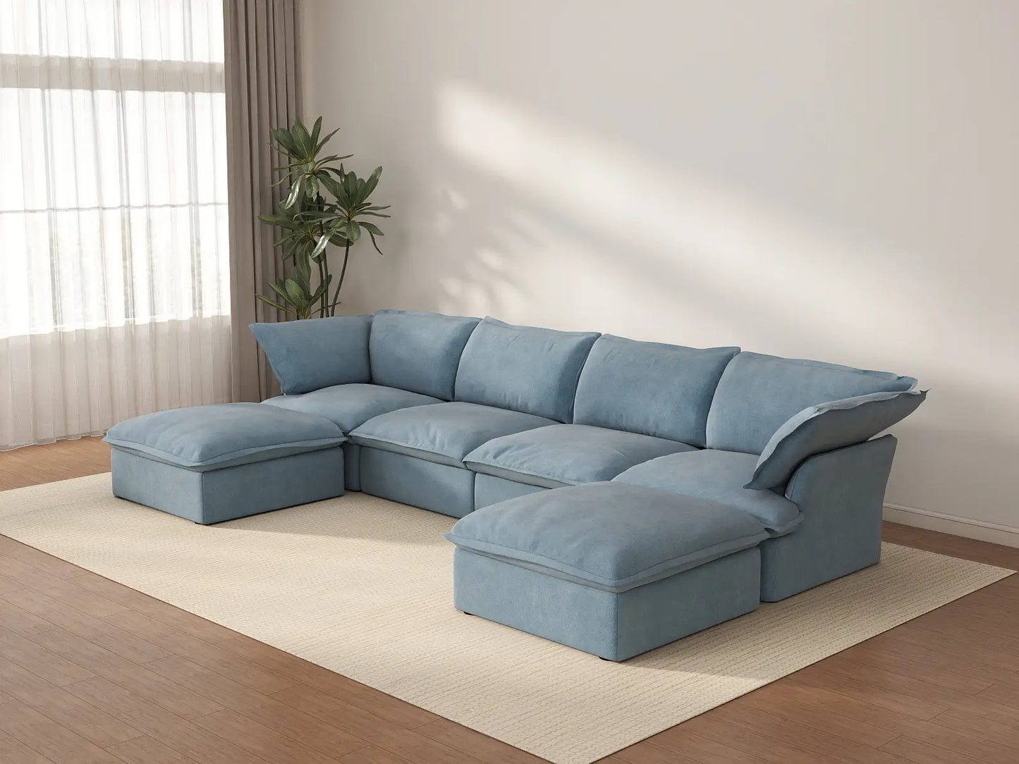 Sofá seccional de lujo color azul claro nube de 4 plazas con forma de U y almacenamiento | 6 piezas (incluye 2 otomanas), tela de terciopelo, fundas lavables