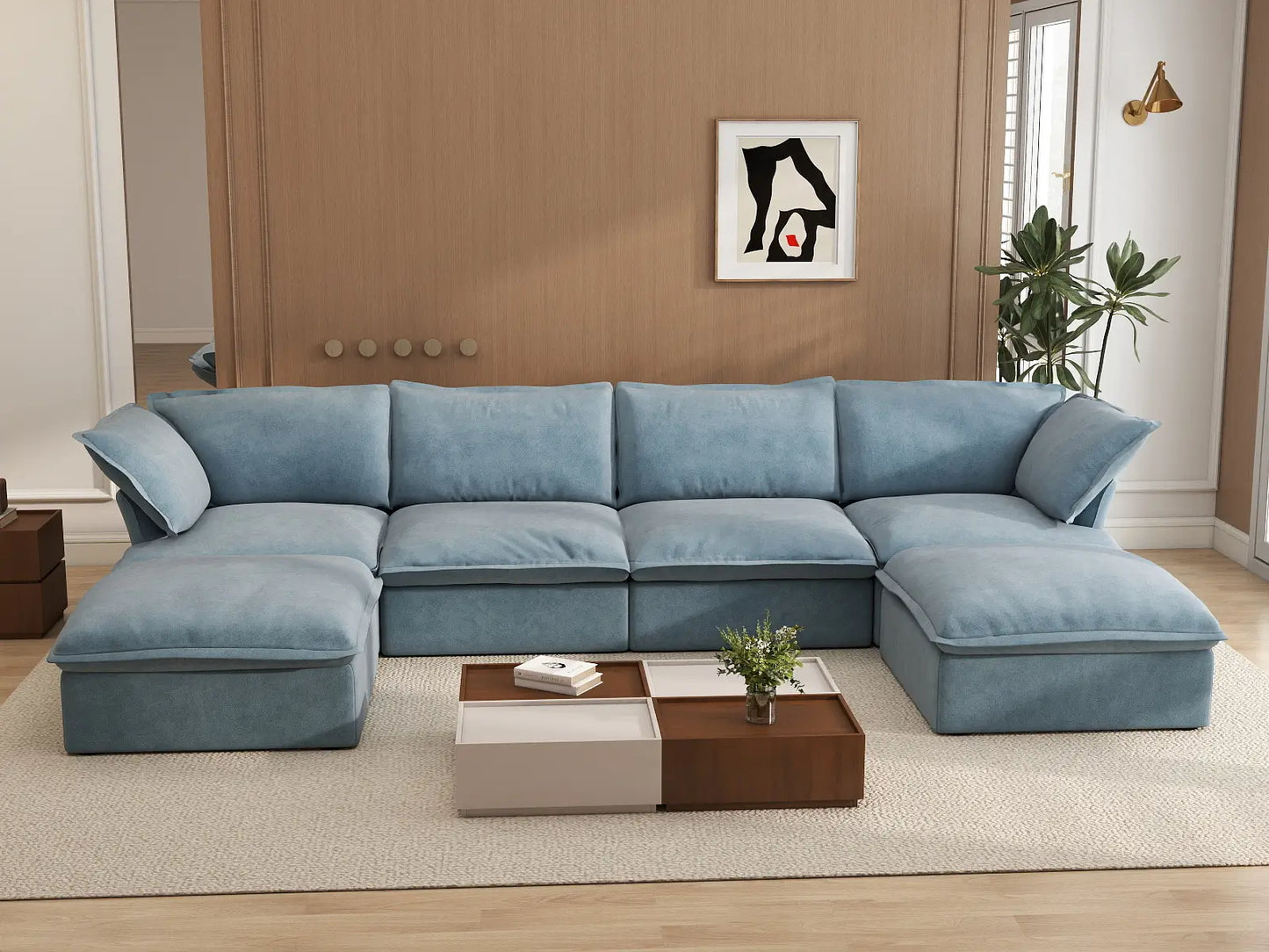 Sofá seccional de lujo color azul claro nube de 4 plazas con forma de U y almacenamiento | 6 piezas (incluye 2 otomanas), tela de terciopelo, fundas lavables