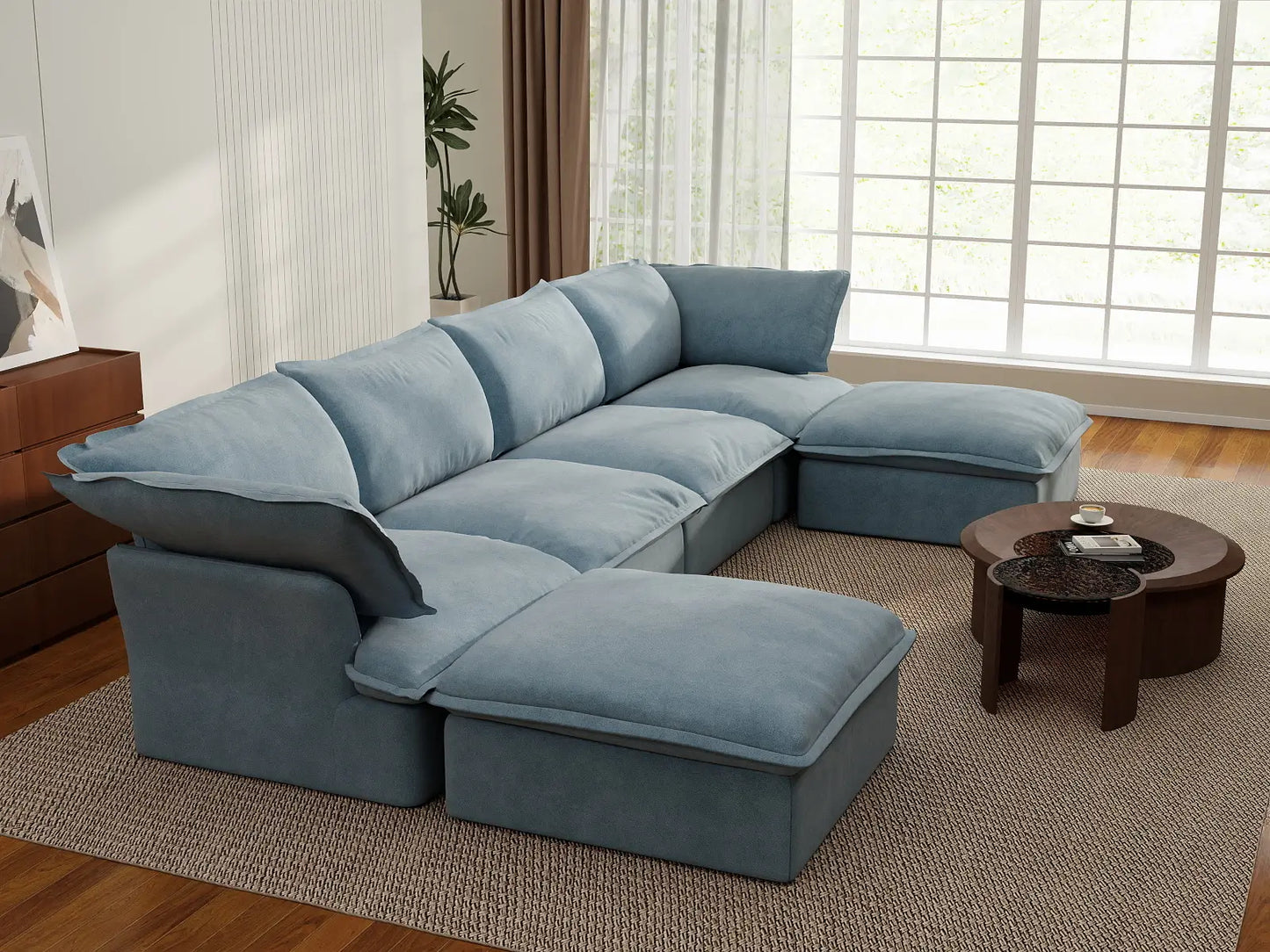Sofá seccional de lujo color azul claro nube de 4 plazas con forma de U y almacenamiento | 6 piezas (incluye 2 otomanas), tela de terciopelo, fundas lavables