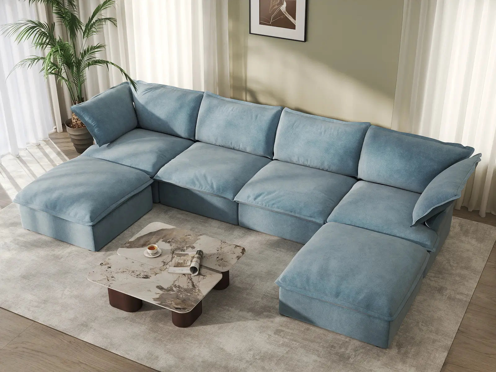 Sofá seccional de lujo color azul claro nube de 4 plazas con forma de U y almacenamiento | 6 piezas (incluye 2 otomanas), tela de terciopelo, fundas lavables