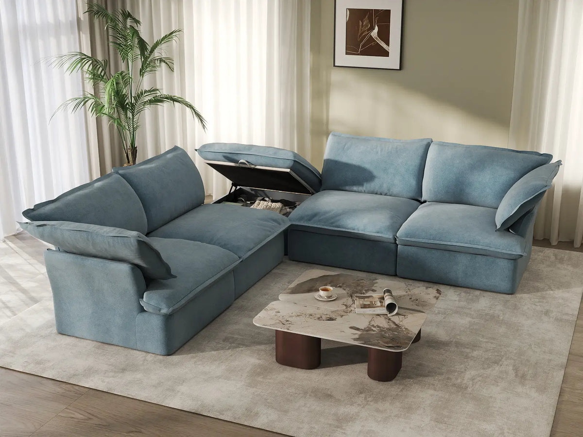 Deluxe Cloud Light Blue 4-Seater V-Shaped Sofa with Storage | 5-Piece (includes 1 ottoman), Velvet Fabric, Washable Covers