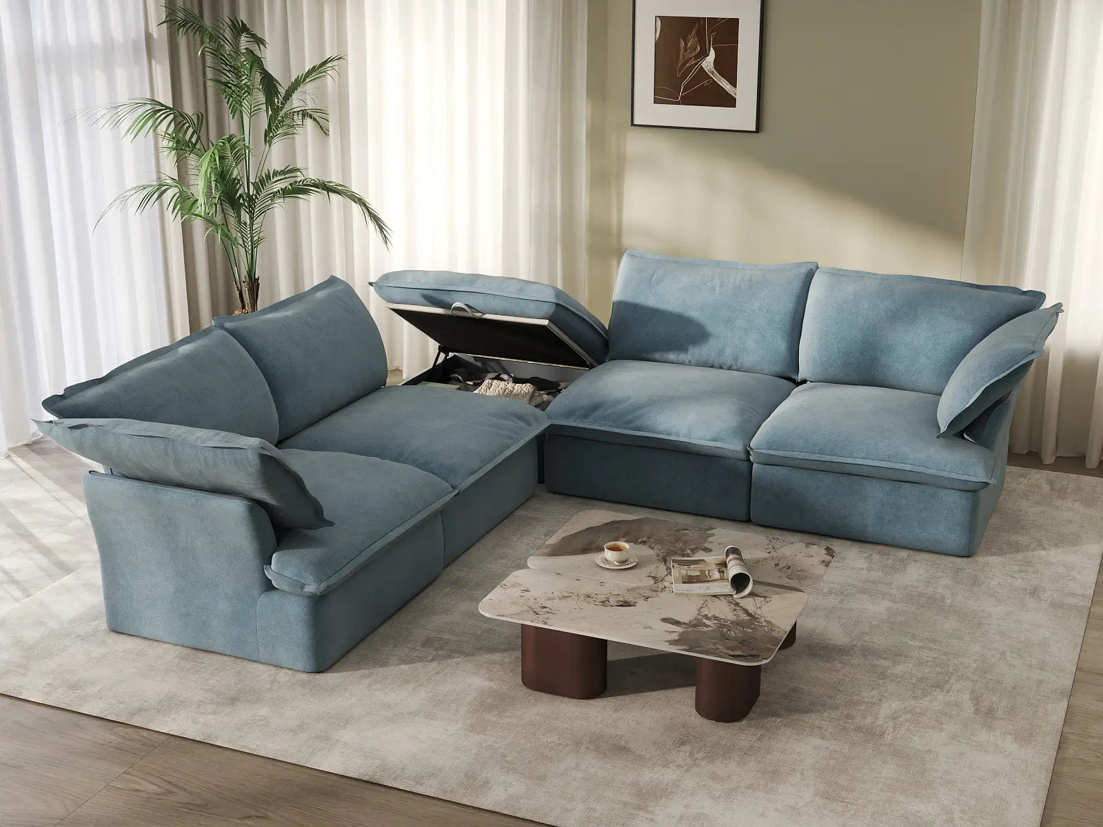 Sofá Deluxe en forma de V de 4 plazas con almacenamiento, color azul claro nube | 5 piezas (incluye 1 otomana), tela de terciopelo, fundas lavables