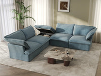 Deluxe Cloud Light Blue 4-Seater V-Shaped Sofa with Storage | 5-Piece (includes 1 ottoman), Velvet Fabric, Washable Covers