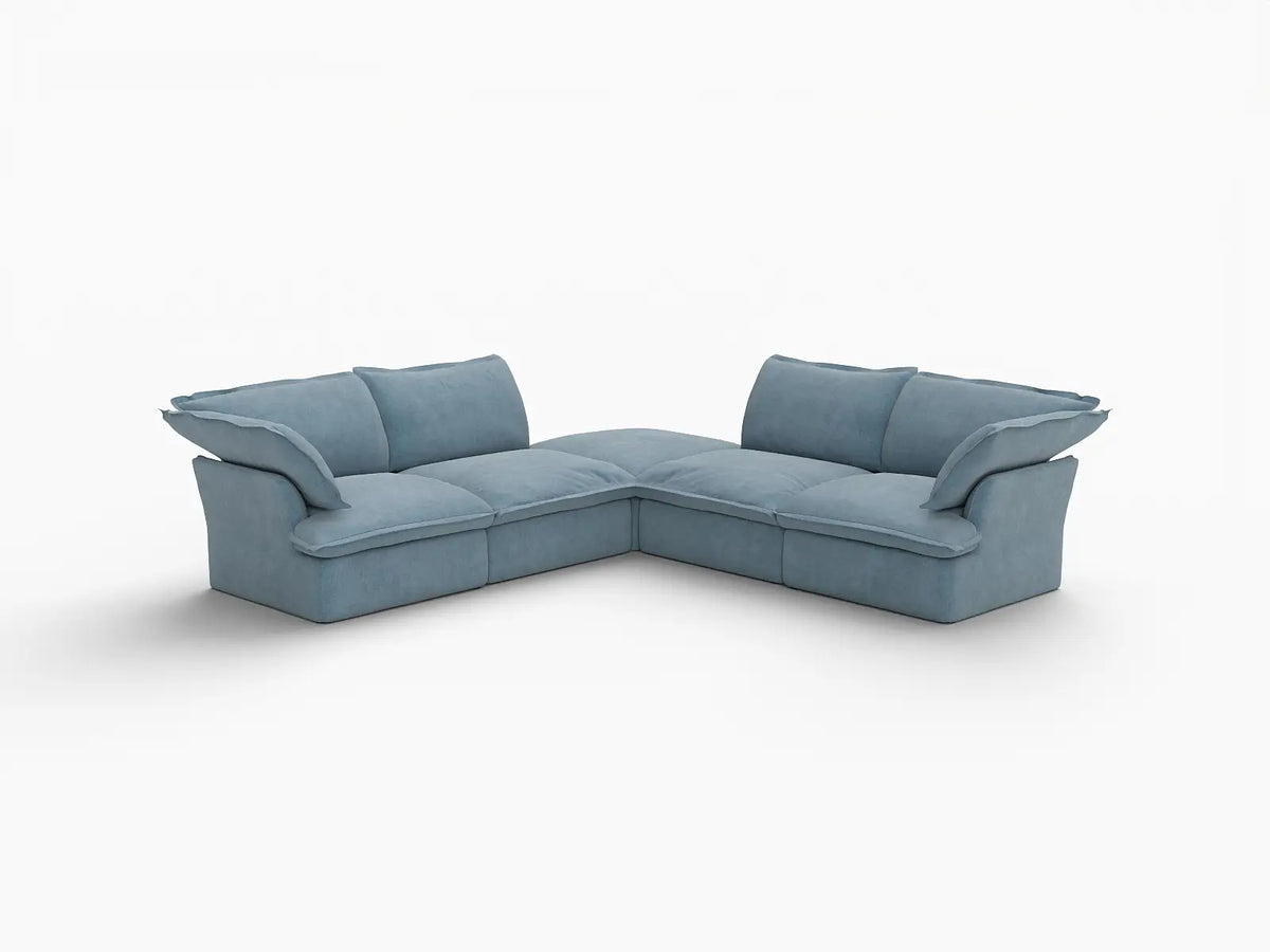 Deluxe Cloud Light Blue 4-Seater V-Shaped Sofa with Storage | 5-Piece (includes 1 ottoman), Velvet Fabric, Washable Covers