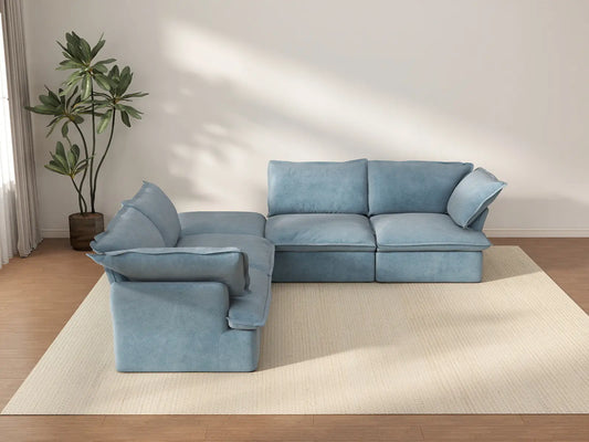 Sofá Deluxe en forma de V de 4 plazas con almacenamiento, color azul claro nube | 5 piezas (incluye 1 otomana), tela de terciopelo, fundas lavables