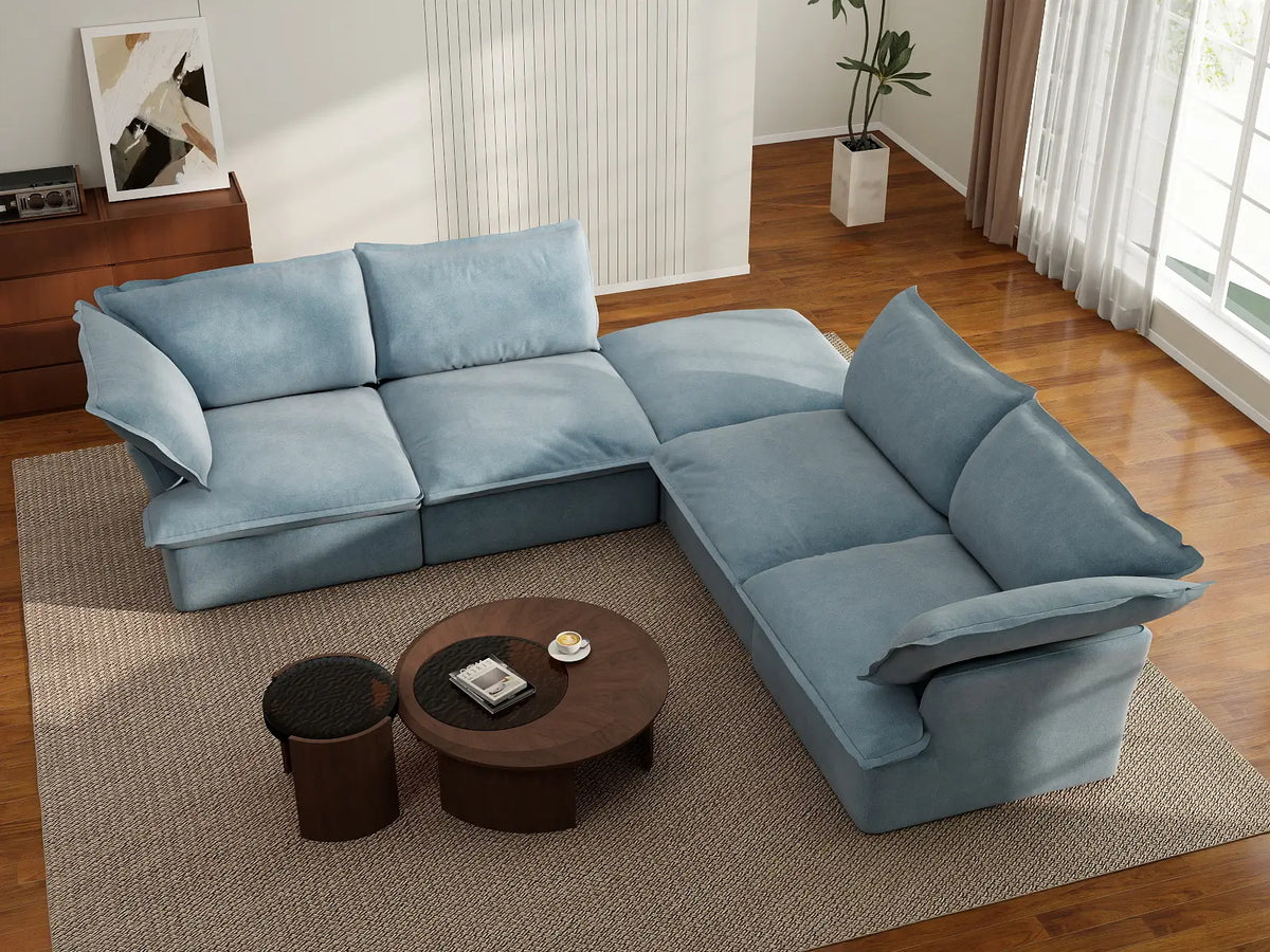 Deluxe Cloud Light Blue 4-Seater V-Shaped Sofa with Storage | 5-Piece (includes 1 ottoman), Velvet Fabric, Washable Covers