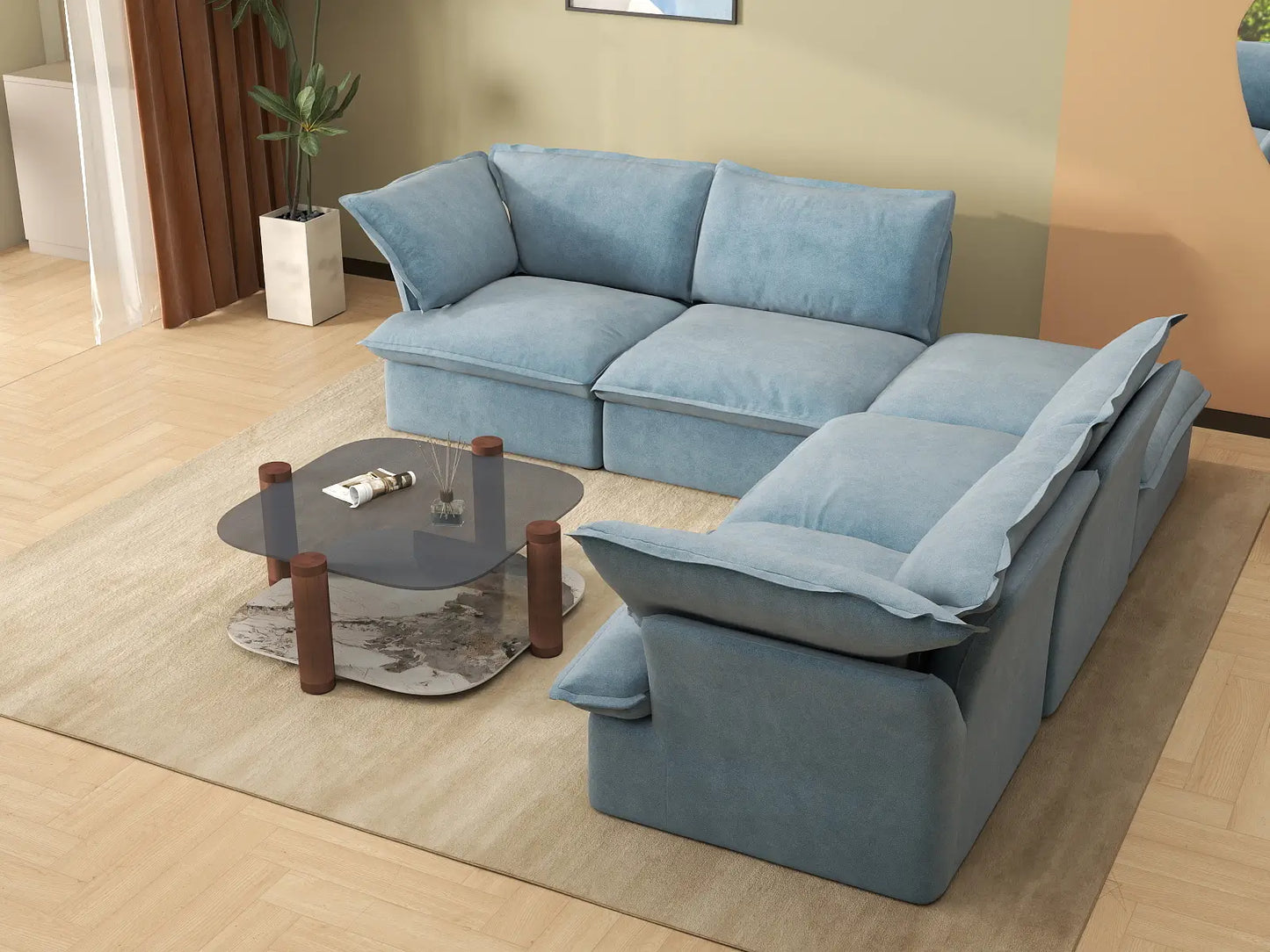 Deluxe Cloud Light Blue 4-Seater V-Shaped Sofa with Storage | 5-Piece (includes 1 ottoman), Velvet Fabric, Washable Covers