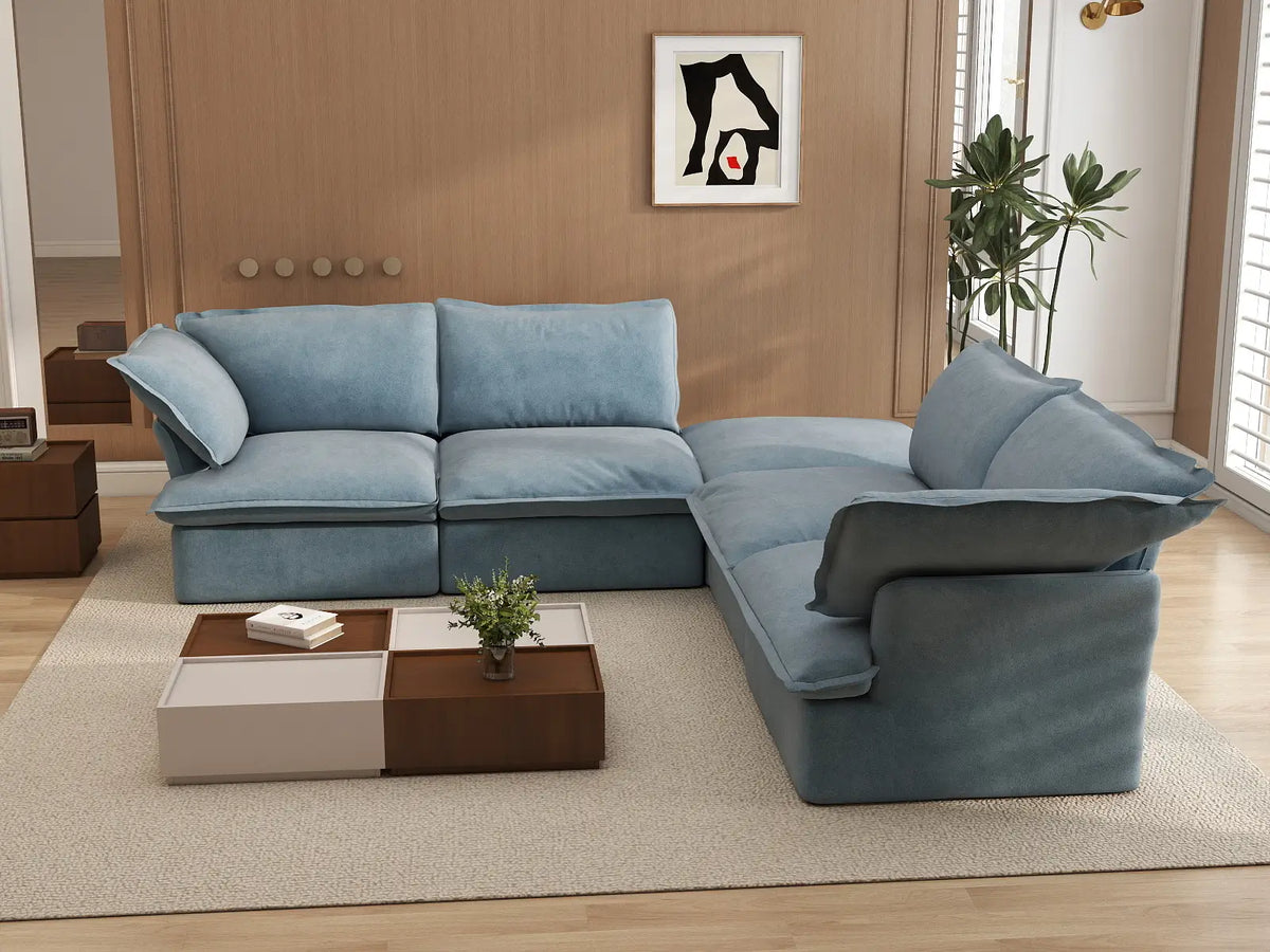 Deluxe Cloud Light Blue 4-Seater V-Shaped Sofa with Storage | 5-Piece (includes 1 ottoman), Velvet Fabric, Washable Covers