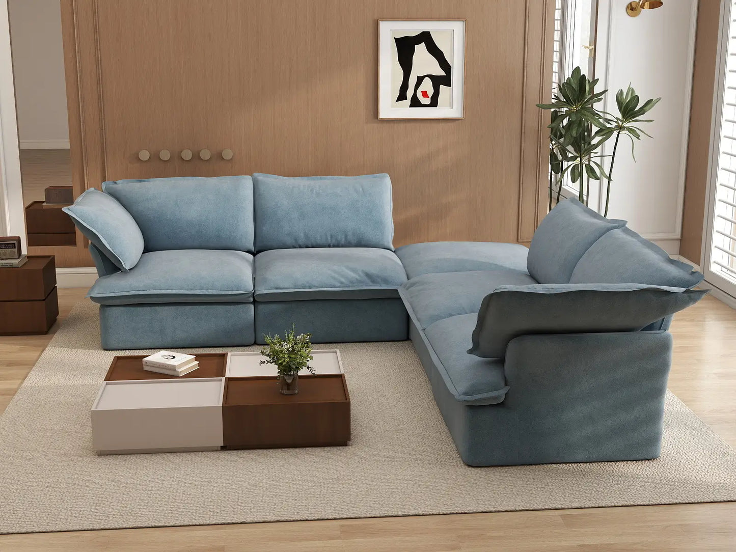 Deluxe Cloud Light Blue 4-Seater V-Shaped Sofa with Storage | 5-Piece (includes 1 ottoman), Velvet Fabric, Washable Covers