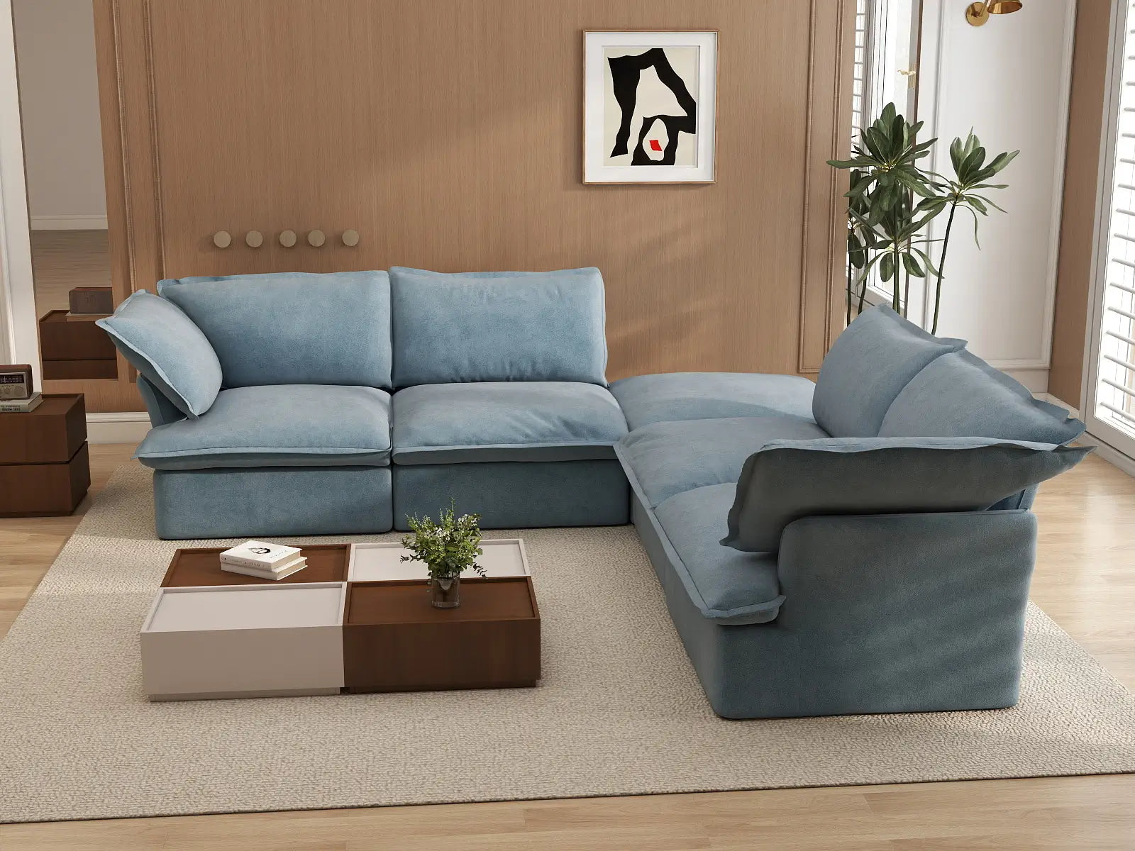 Sofá Deluxe en forma de V de 4 plazas con almacenamiento, color azul claro nube | 5 piezas (incluye 1 otomana), tela de terciopelo, fundas lavables