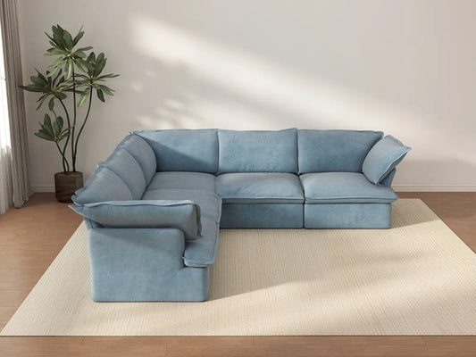 Sofá de 5 plazas en forma de V Deluxe Cloud Azul Claro | 5 piezas, tela de terciopelo, fundas lavables