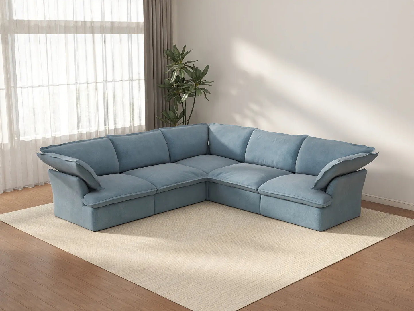 Deluxe Cloud Light Blue 5-Seater V-Shaped Sofa | 5-Piece, Velvet Fabric, Washable Covers