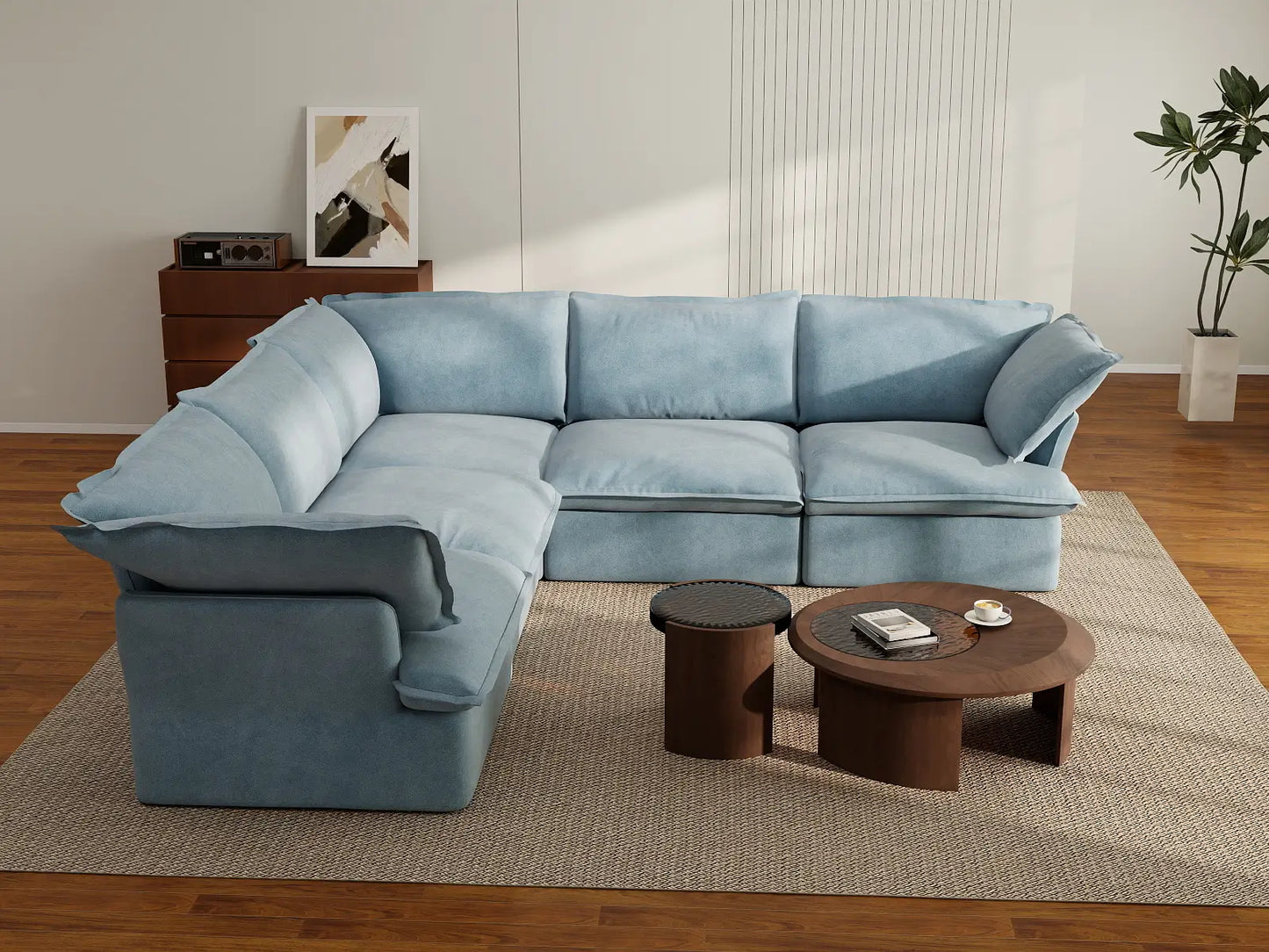 Deluxe Cloud Light Blue 5-Seater V-Shaped Sofa | 5-Piece, Velvet Fabric, Washable Covers