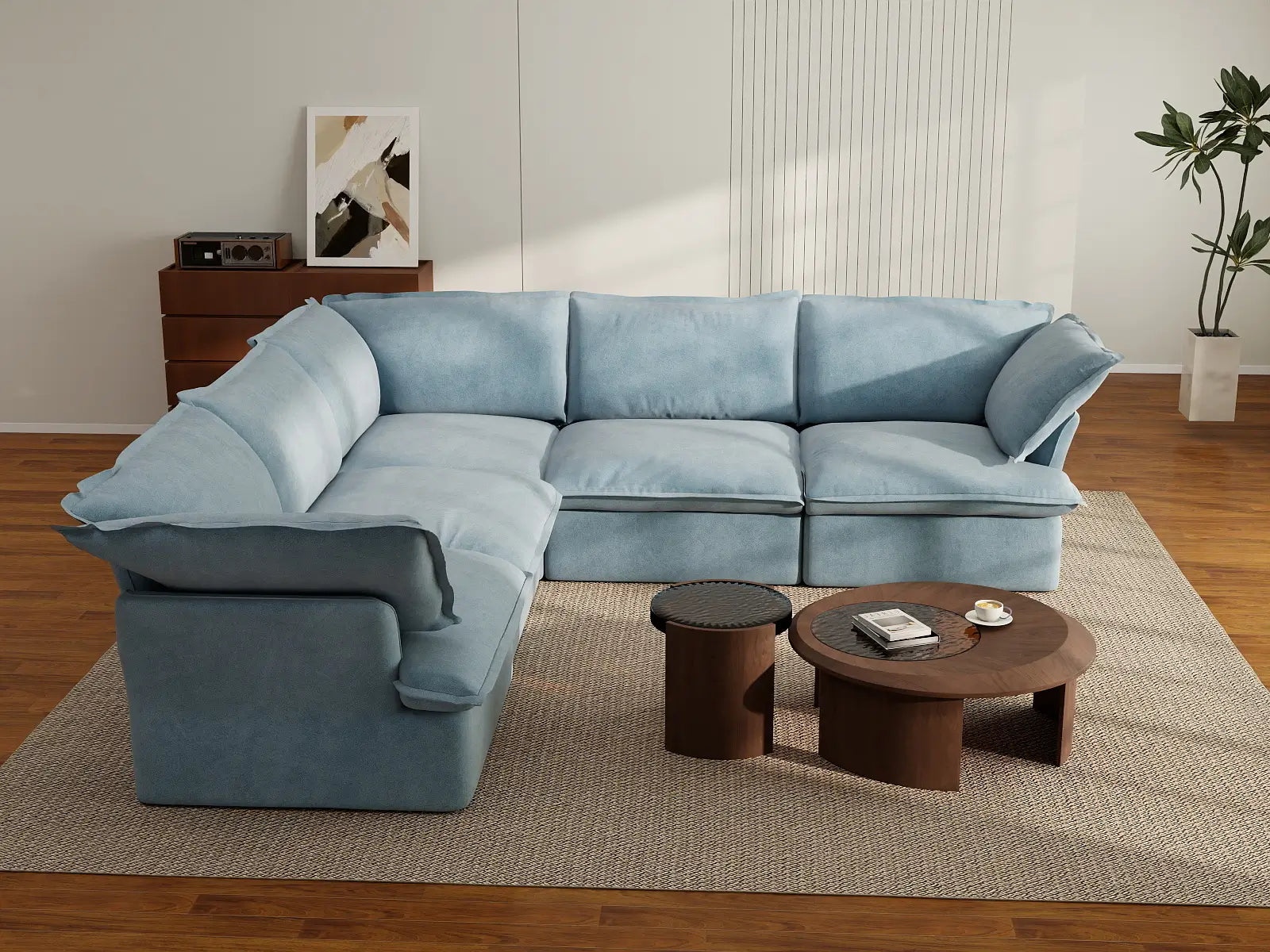 Sofá de 5 plazas en forma de V Deluxe Cloud Azul Claro | 5 piezas, tela de terciopelo, fundas lavables