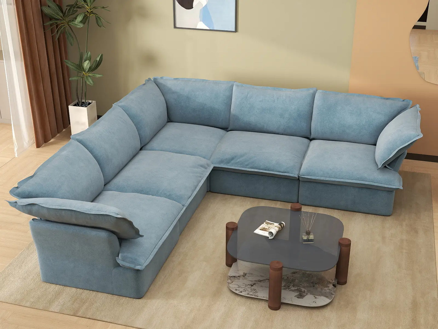 Deluxe Cloud Light Blue 5-Seater V-Shaped Sofa | 5-Piece, Velvet Fabric, Washable Covers