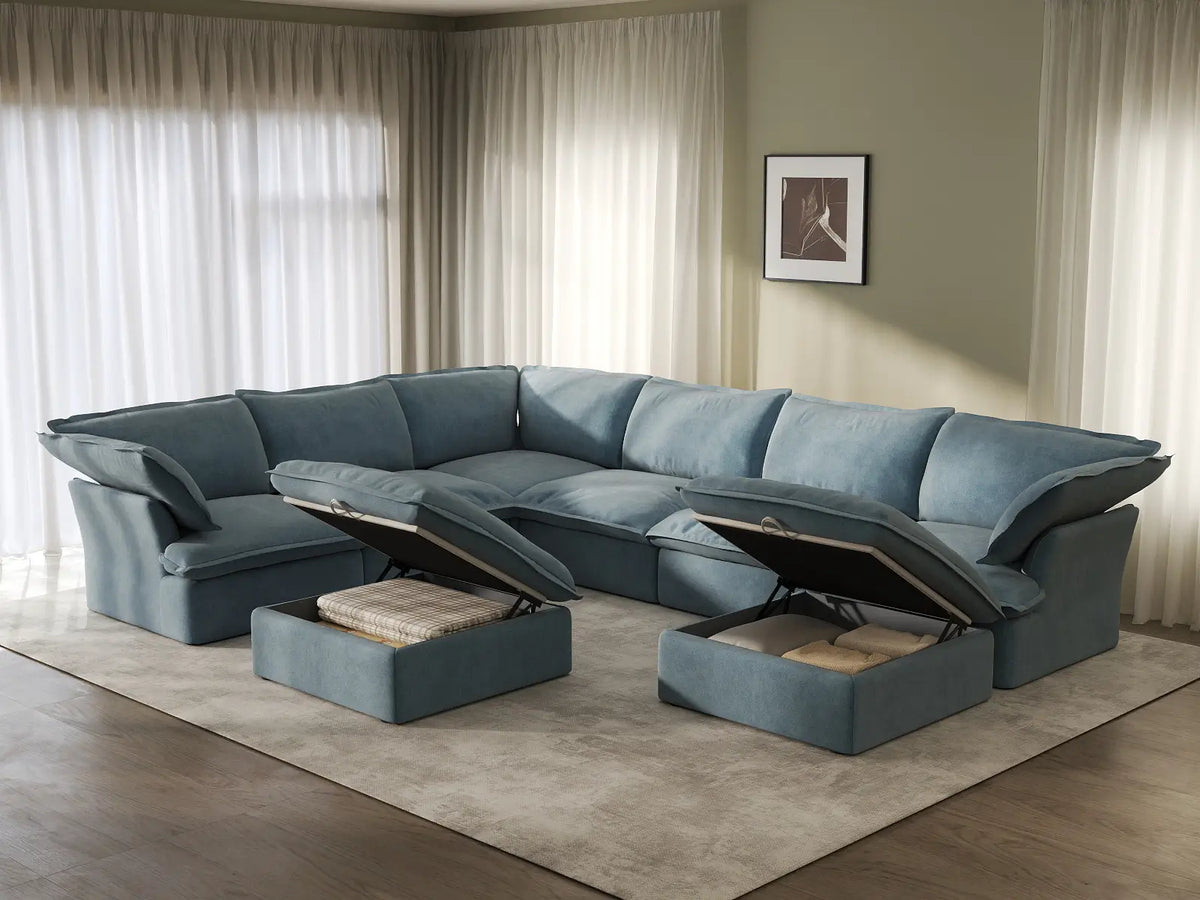 Sofá de 6 plazas Deluxe Cloud en azul claro con almacenamiento | 8 piezas (incluye 2 otomanas), tela de terciopelo, fundas lavables