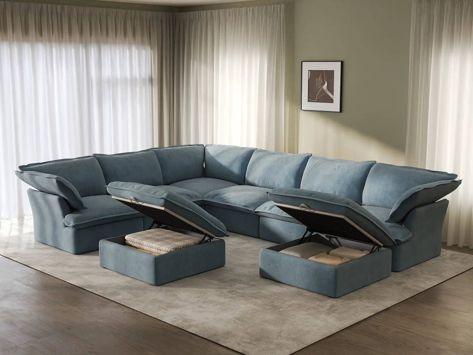 Sofá de 6 plazas Deluxe Cloud en azul claro con almacenamiento | 8 piezas (incluye 2 otomanas), tela de terciopelo, fundas lavables