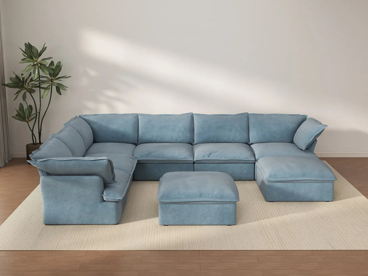 Sofá de 6 plazas Deluxe Cloud en azul claro con almacenamiento | 8 piezas (incluye 2 otomanas), tela de terciopelo, fundas lavables