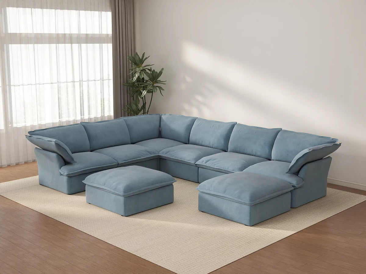 Sofá de 6 plazas Deluxe Cloud en azul claro con almacenamiento | 8 piezas (incluye 2 otomanas), tela de terciopelo, fundas lavables