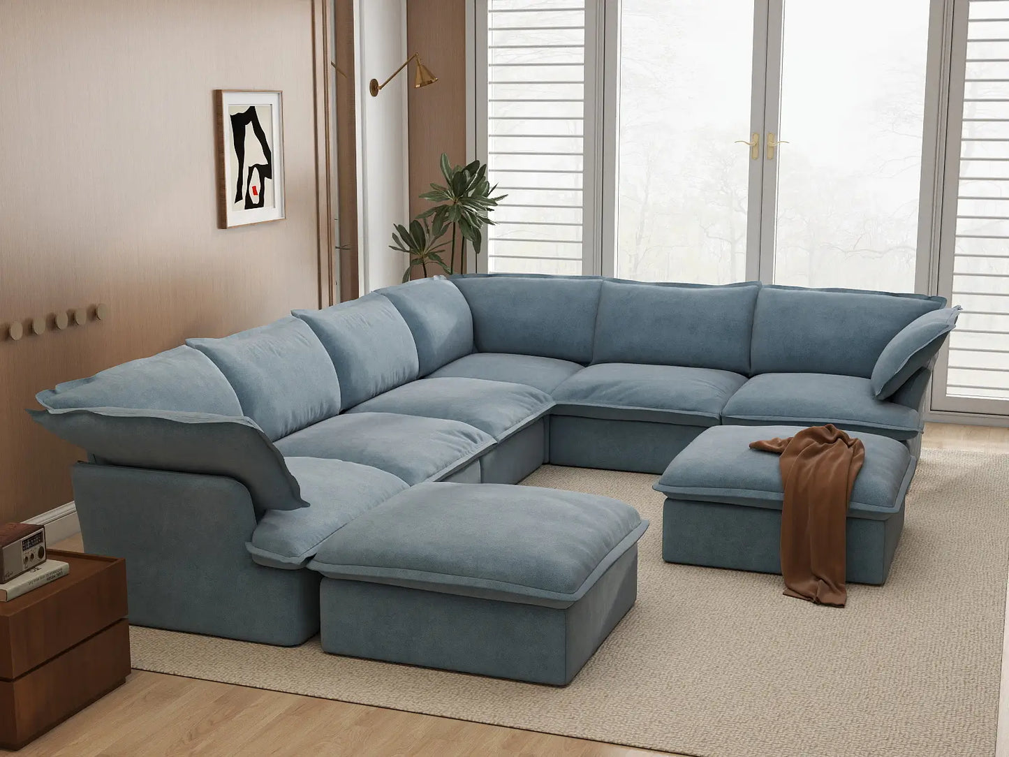 Sofá de 6 plazas Deluxe Cloud en azul claro con almacenamiento | 8 piezas (incluye 2 otomanas), tela de terciopelo, fundas lavables