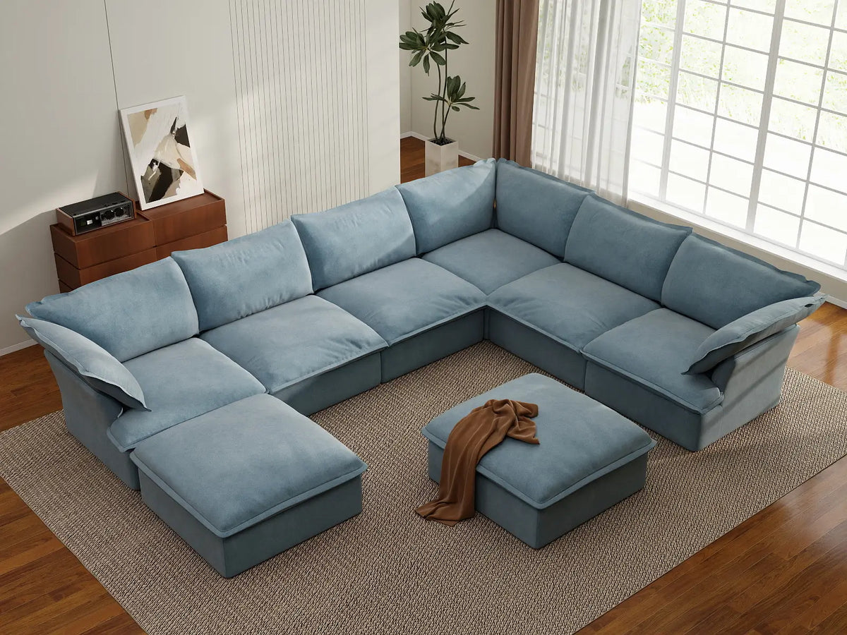 Sofá de 6 plazas Deluxe Cloud en azul claro con almacenamiento | 8 piezas (incluye 2 otomanas), tela de terciopelo, fundas lavables