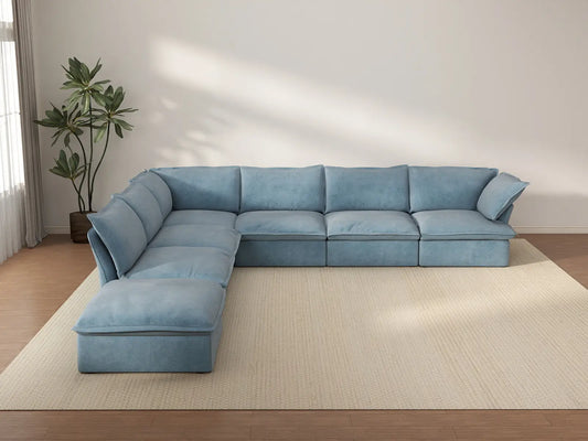 Deluxe Cloud Light Blue 6-Seater V-Shaped Sofa with Storage | 7-Piece (includes 1 ottoman), Velvet Fabric, Washable Covers