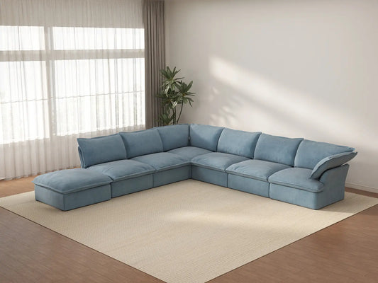 Deluxe Cloud Light Blue 6-Seater V-Shaped Sofa with Storage | 7-Piece (includes 1 ottoman), Velvet Fabric, Washable Covers