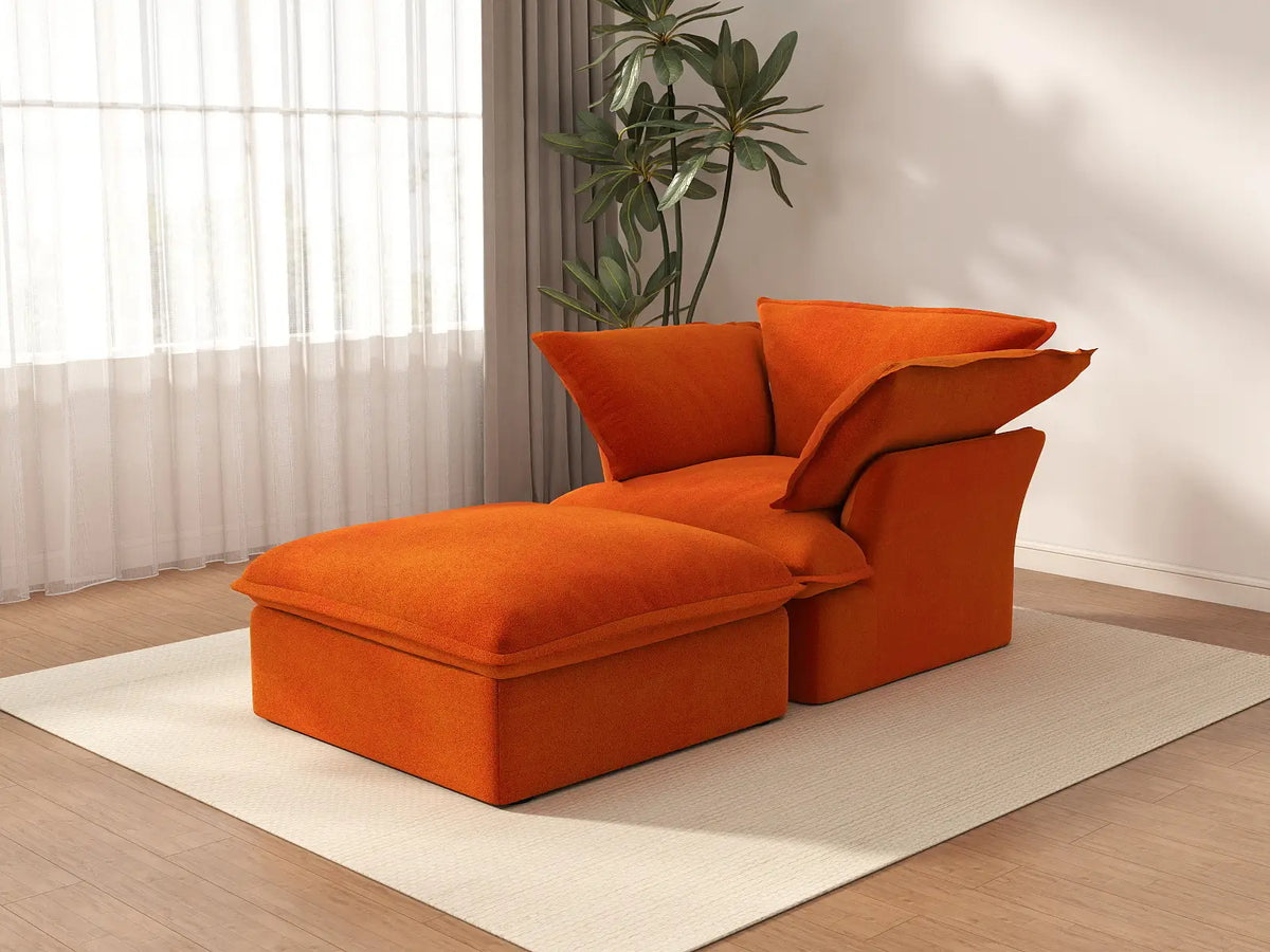 Deluxe Cloud Orange 1-Seater Dual-Armrest Sofa | 2-Piece (includes 1 ottoman), Velvet Fabric, Storage Ottoman