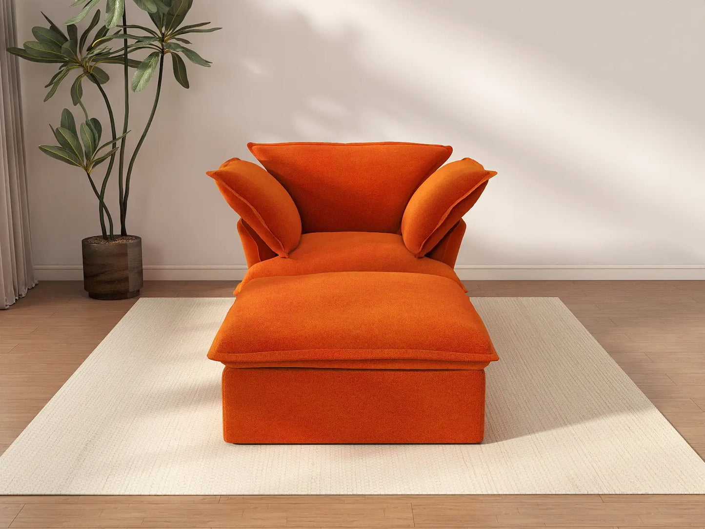 Deluxe Cloud Orange 1-Seater Dual-Armrest Sofa | 2-Piece (includes 1 ottoman), Velvet Fabric, Storage Ottoman