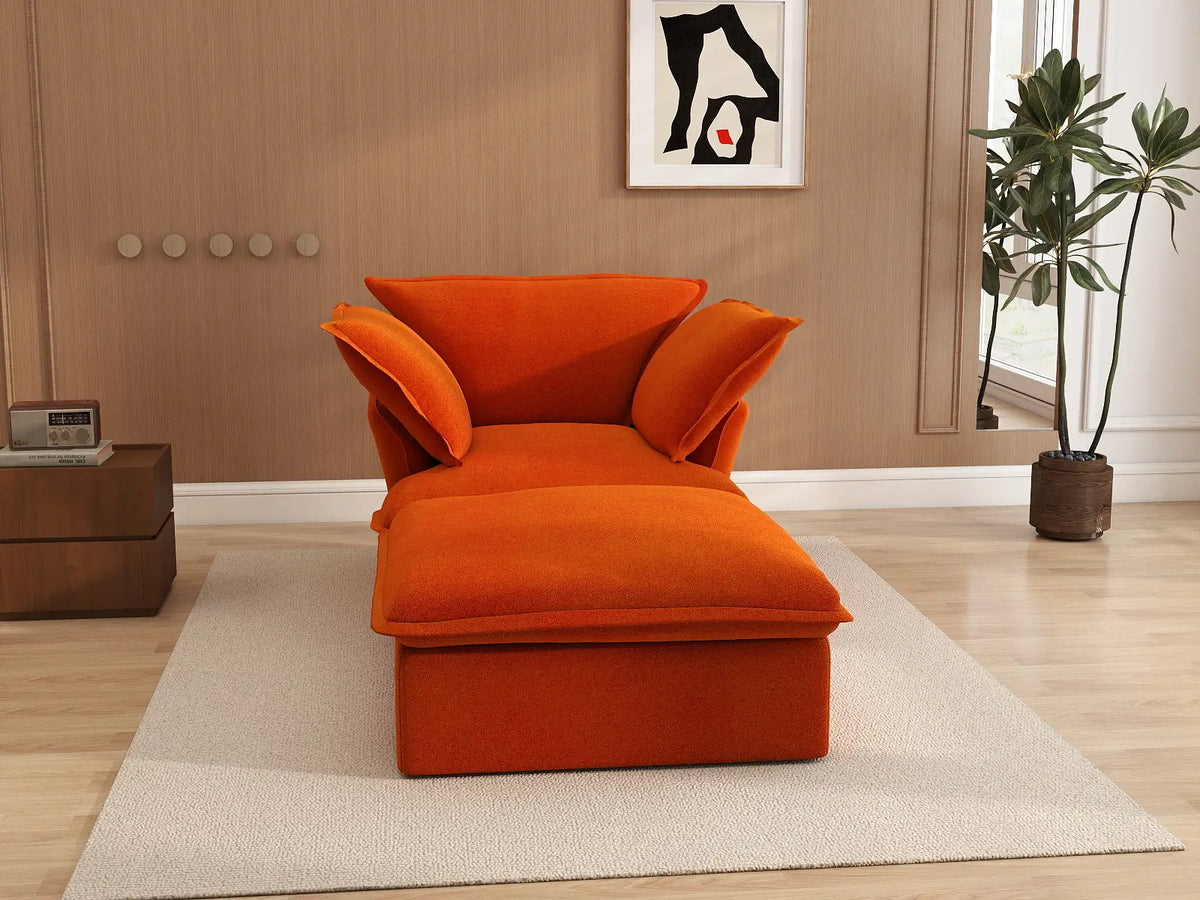 Deluxe Cloud Orange 1-Seater Dual-Armrest Sofa | 2-Piece (includes 1 ottoman), Velvet Fabric, Storage Ottoman