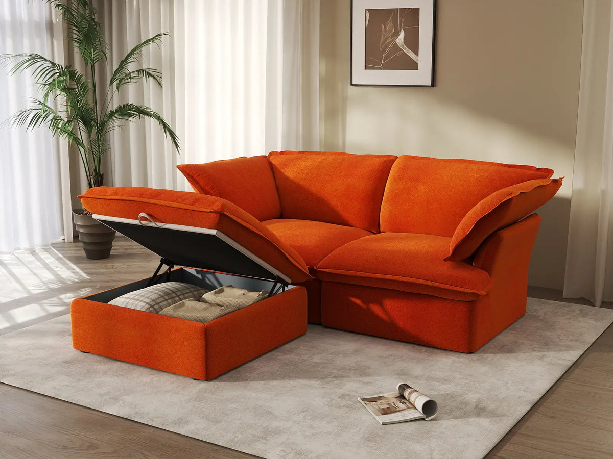 Seccional Chaise Deluxe Cloud Orange de 2 plazas | 3 piezas (incluye 1 otomana), tela de terciopelo, otomana con almacenamiento