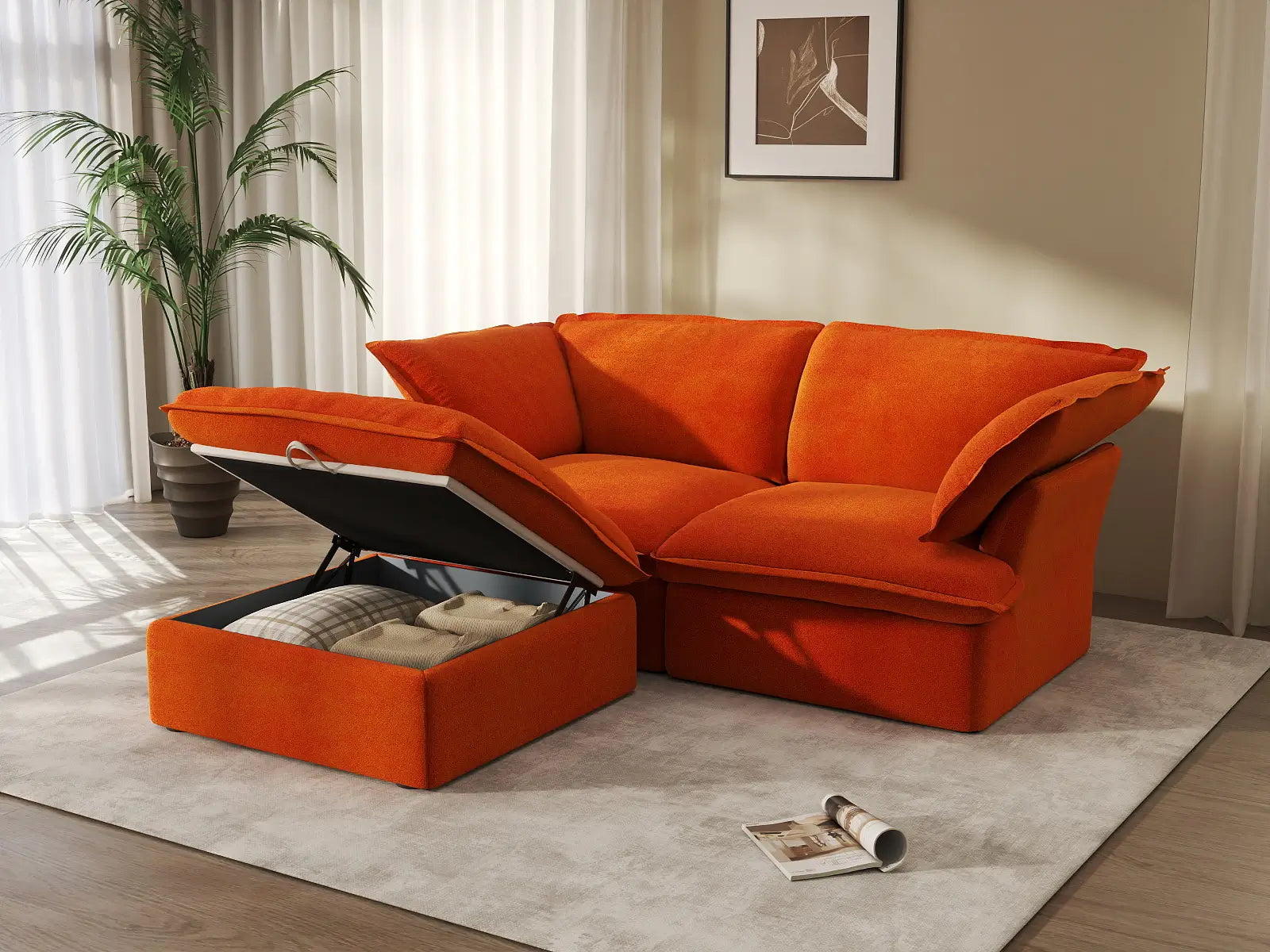 Seccional Chaise Deluxe Cloud Orange de 2 plazas | 3 piezas (incluye 1 otomana), tela de terciopelo, otomana con almacenamiento