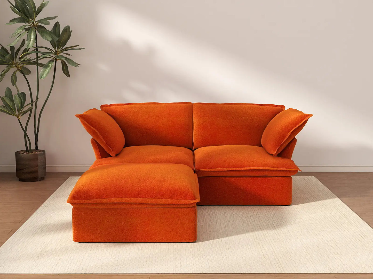Seccional Chaise Deluxe Cloud Orange de 2 plazas | 3 piezas (incluye 1 otomana), tela de terciopelo, otomana con almacenamiento