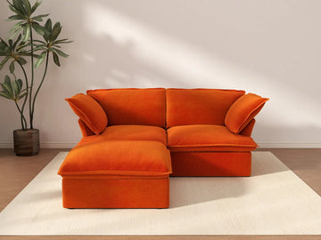 Deluxe Cloud Orange 2-Seater Chaise Sectional | 3-Piece (includes 1 ottoman), Velvet Fabric, Storage Ottoman