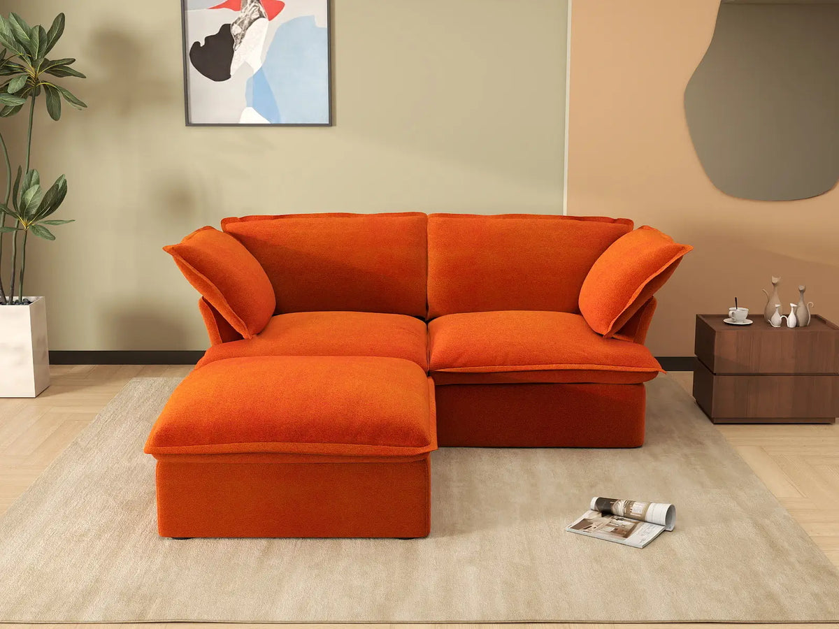 Seccional Chaise Deluxe Cloud Orange de 2 plazas | 3 piezas (incluye 1 otomana), tela de terciopelo, otomana con almacenamiento