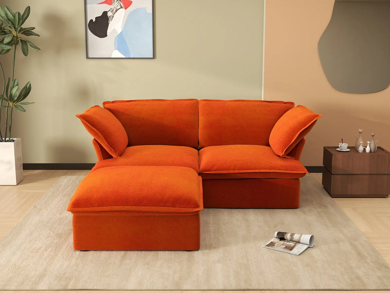 Seccional Chaise Deluxe Cloud Orange de 2 plazas | 3 piezas (incluye 1 otomana), tela de terciopelo, otomana con almacenamiento