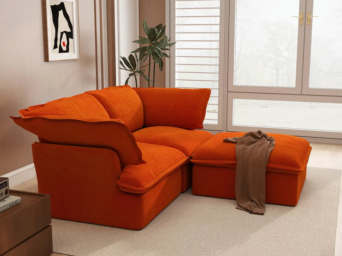 Seccional Chaise Deluxe Cloud Orange de 2 plazas | 3 piezas (incluye 1 otomana), tela de terciopelo, otomana con almacenamiento